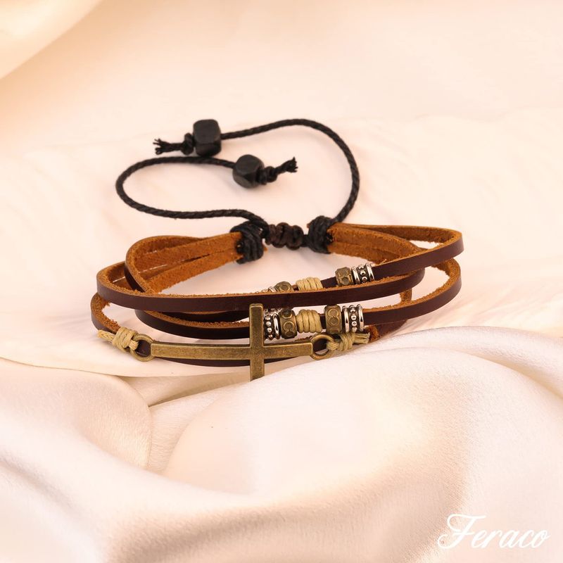 Bracciale in pelle marrone con croce e perline di legno nero, intrecciato multistrato, regalo religioso per donna_voghion.com