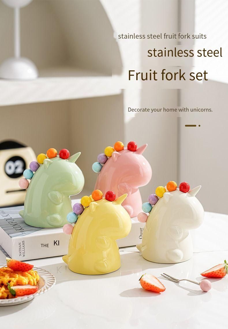 Cute Unicorn Fruit Storage Jar Colorful Set Household High-Value Children's Stainless Steel Dessert Fork_voghion.com
