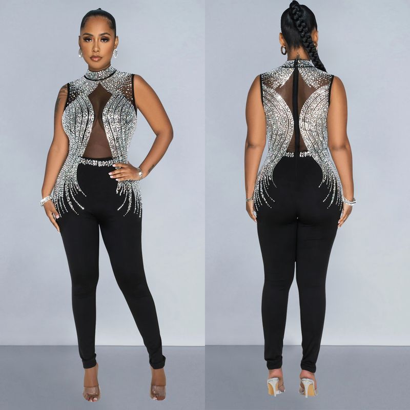 Vêtements pour femmes mode femmes couleur unie maille presse perceuse sans manches pantalon combinaison_voghion.com