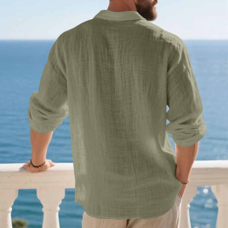 Herren-Leinenhemd mit Knopfleiste – Relaxed Fit Langarm-Polo mit Stehkragen (S-XXXL, atmungsaktiv und knitterfrei, Marineblau/Schwarz/Khaki)_voghion.com
