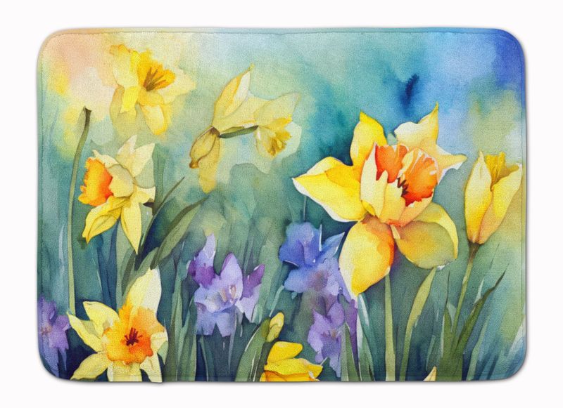 Daffodils In Watercolor Memory Foam Kitchen Mat Machine Washable Anti-Fatigue Mat Cushion Comfort Bath Mat Or Kitchen Rug_voghion.com