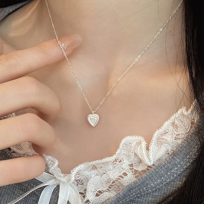 Collana con fiocco a forma di cuore in argento puro per donna, stile coreano, squisita, dolce, versatile, leggera, a forma di cuore_voghion.com