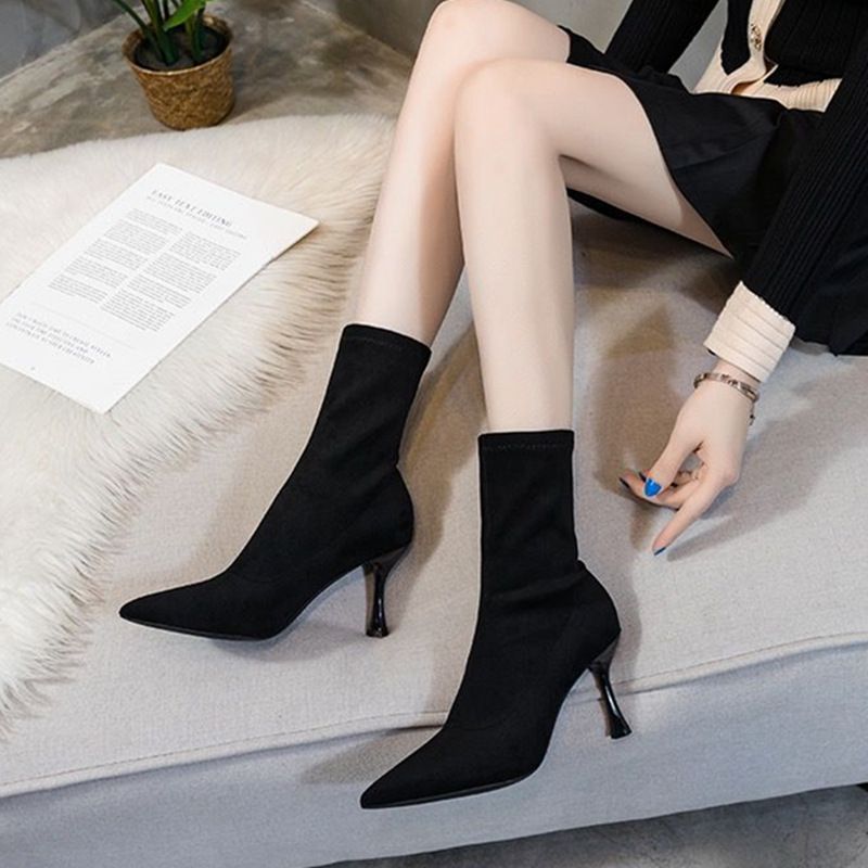 Fashion Women High Heels 2023 Autumn Winter New Pointed Toe Stiletto Slim Suede Stretch Sock Boots_voghion.com