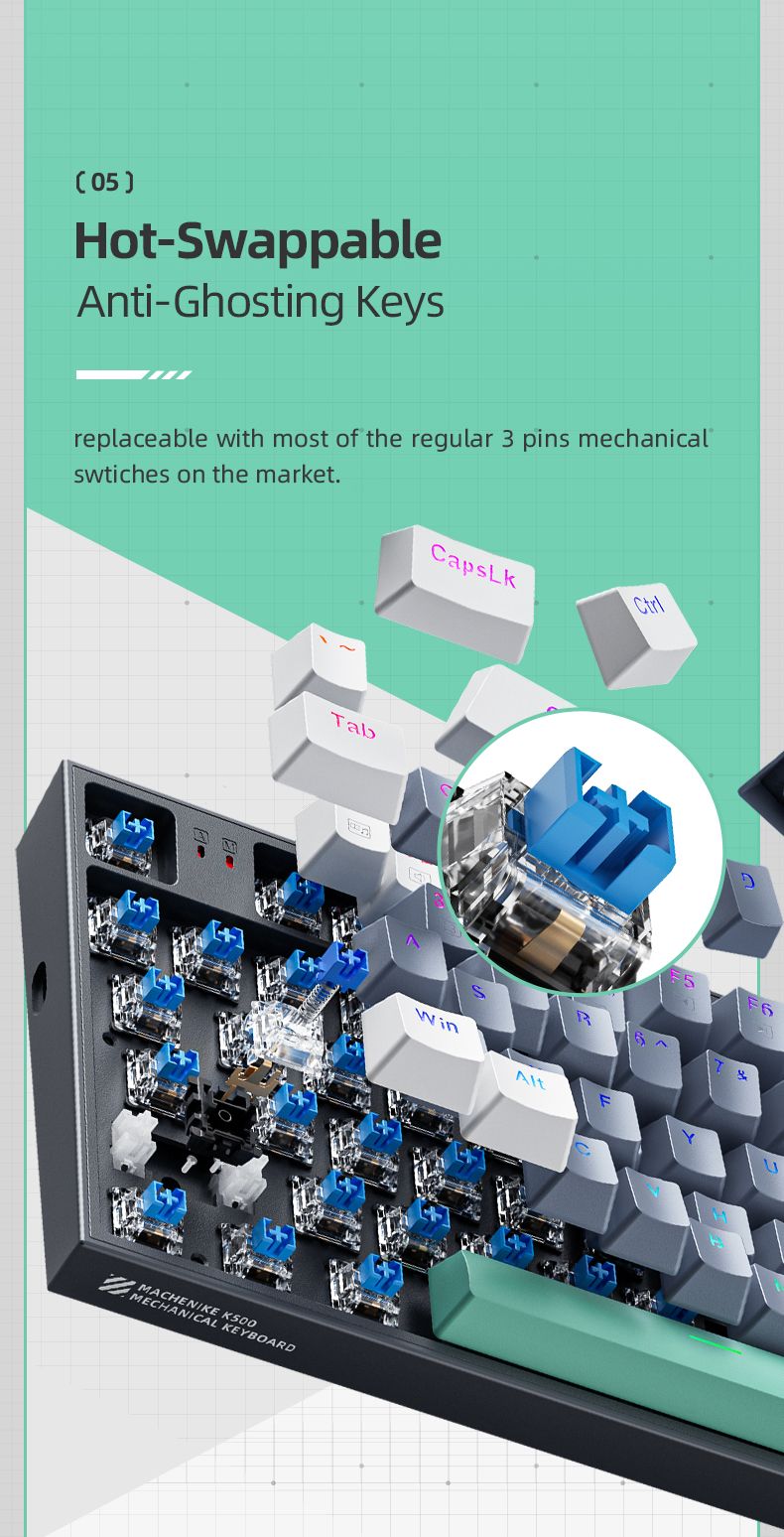 he K500 Mechanical Gaming Wired Keyboard Hot Swappable 94 Keys RGB Light Windows_voghion.com
