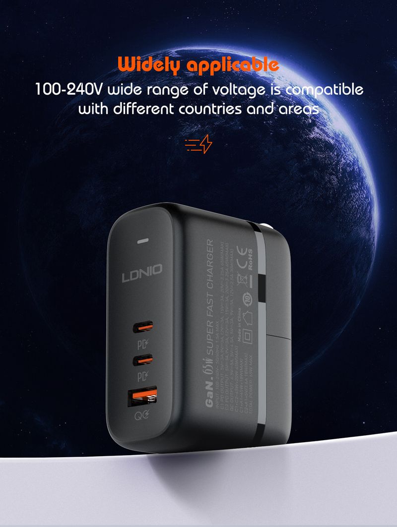 65W USB C GaN Charger With 3 Ports International EU UK US AU Travel Plug Adapter Power Cord_voghion.com