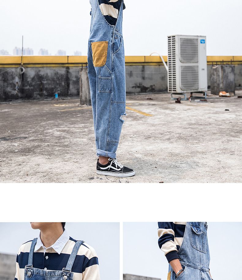 Man's clothing Men's denim overalls couple ripped loose straight jumpsuit wide leg overalls suspenders ins Daddy pants_voghion.com