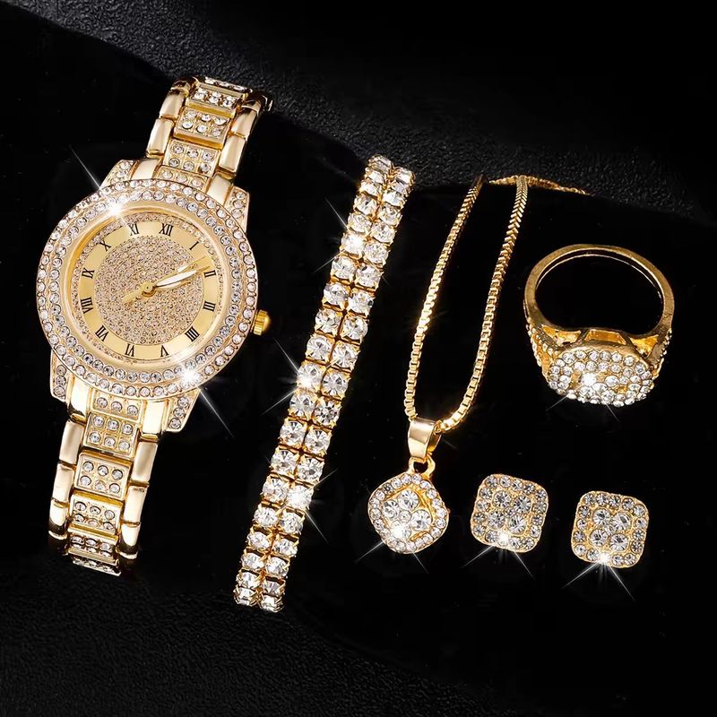 Relógios de quartzo populares da moda feminina, conjunto de relógios com padrão romano, relógio de quartzo Cornucópia, pulseira com diamantes e colar com manchas_voghion.com
