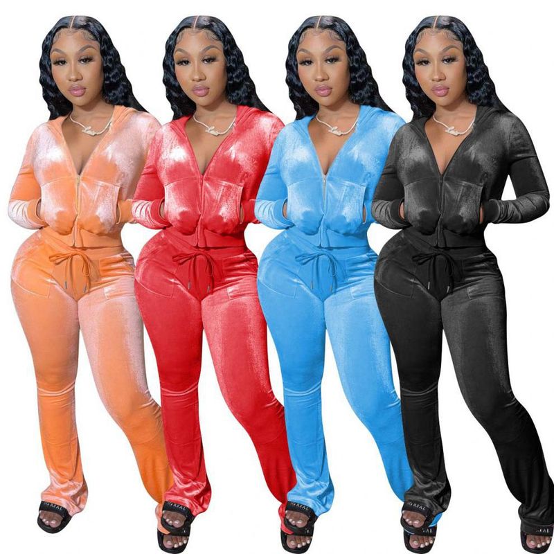 Ensemble sweat à capuche et pantalon large en velours pour femme – Ensemble deux pièces en élasthanne extensible, confortable et décontracté (noir/rose/bleu ciel, S-XXL)_voghion.com