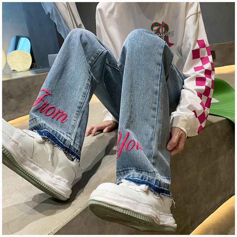 Jeans im amerikanischen Stil für Herren, Herbst-Design, High Street-Modemarke, bestickt, vielseitig, locker, gerades Bein_voghion.com