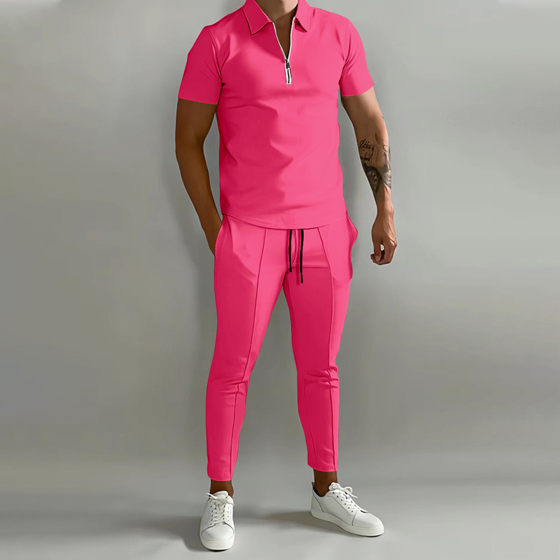 2024 Nieuwe 3D-geprinte effen polobroek met korte mouwen, casual set voor heren_voghion.com