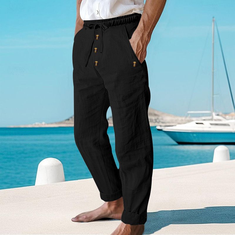 Pantaloni da spiaggia primaverili e autunnali da uomo, in cotone e lino, tinta unita, larghi, con coulisse e bottoni, casual, da uomo_voghion.com
