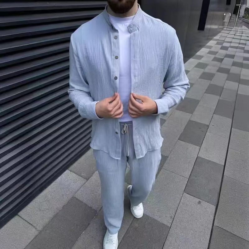 CT New Casual Suit Fashion Comfortable Sleeve Long Pants Two-Piece Set Solid Color Versatile Men's Outfit_voghion.com