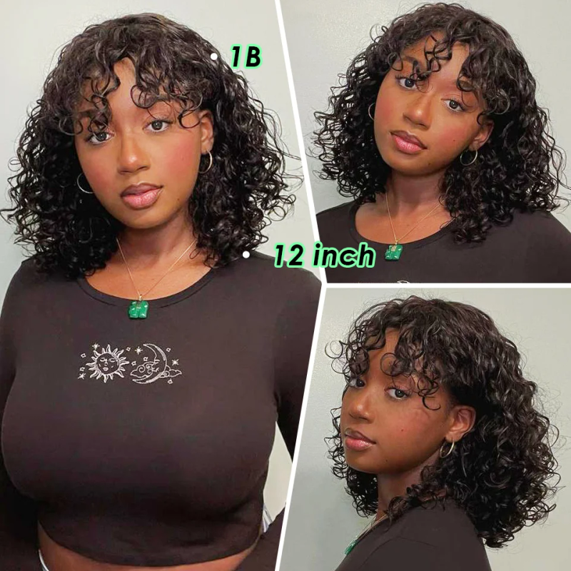 Pelucas de cabello humano de corte bob rizado, corto, de color marrón, con flequillo, estilo Jerry, rizadas, con reflejos, de colores para mujeres_voghion.com