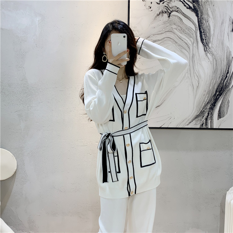 Cardigan en tricot pour femmes, pantalon à jambes larges, ensemble deux pièces à la mode_voghion.com