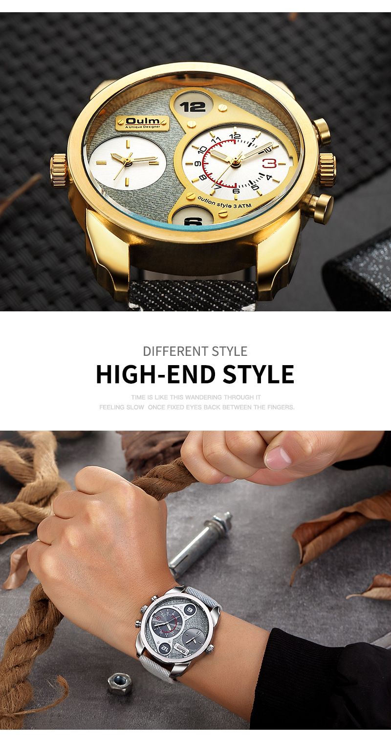 Orologio al quarzo casual da uomo in denim con doppio fuso orario, quadrante grande da 50 mm, fibbia in acciaio inossidabile, vetro minerale, orologio al quarzo resistente all'acqua fino a 30 m_voghion.com