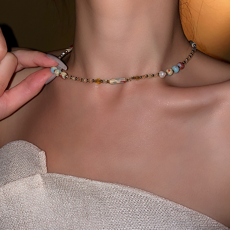 Baroque freshwater pearl colored natural stone necklace with a minimalist temperament, collarbone chain, light luxury,_voghion.com