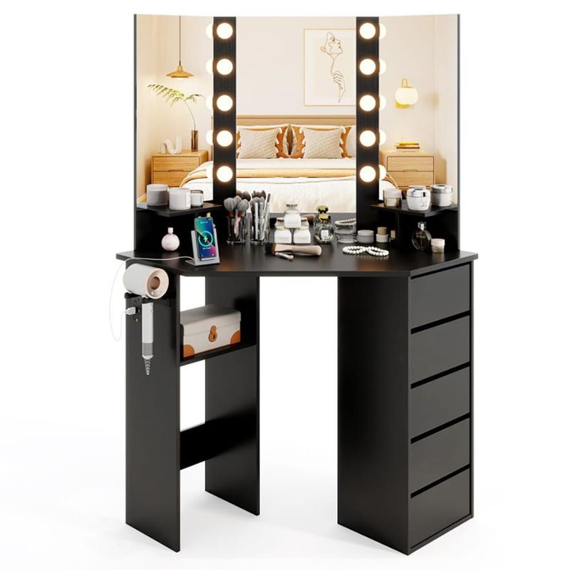 Corner Vanity Desk With 3-Color LED Lighted Mirror And Power Outlet_voghion.com