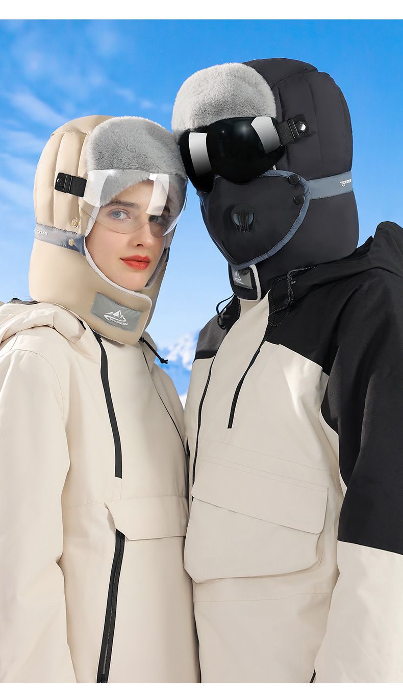 Unisex Winter Trappermütze mit Schutzbrille – Winddichte, wasserdichte Skimütze mit Fleecefutter für Outdoor-Aktivitäten in Schwarz, Grau, Khaki, Pink_voghion.com