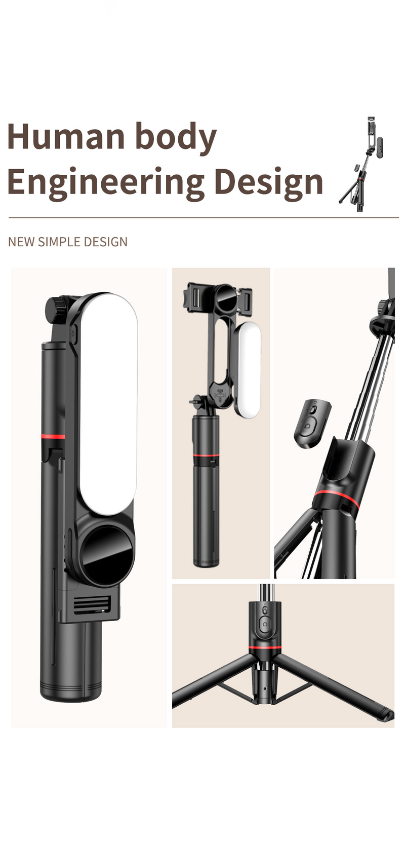 Palo para selfies estable con luz de relleno, trípode, palo para selfies retráctil de 44 pulgadas, con control remoto inalámbrico_voghion.com