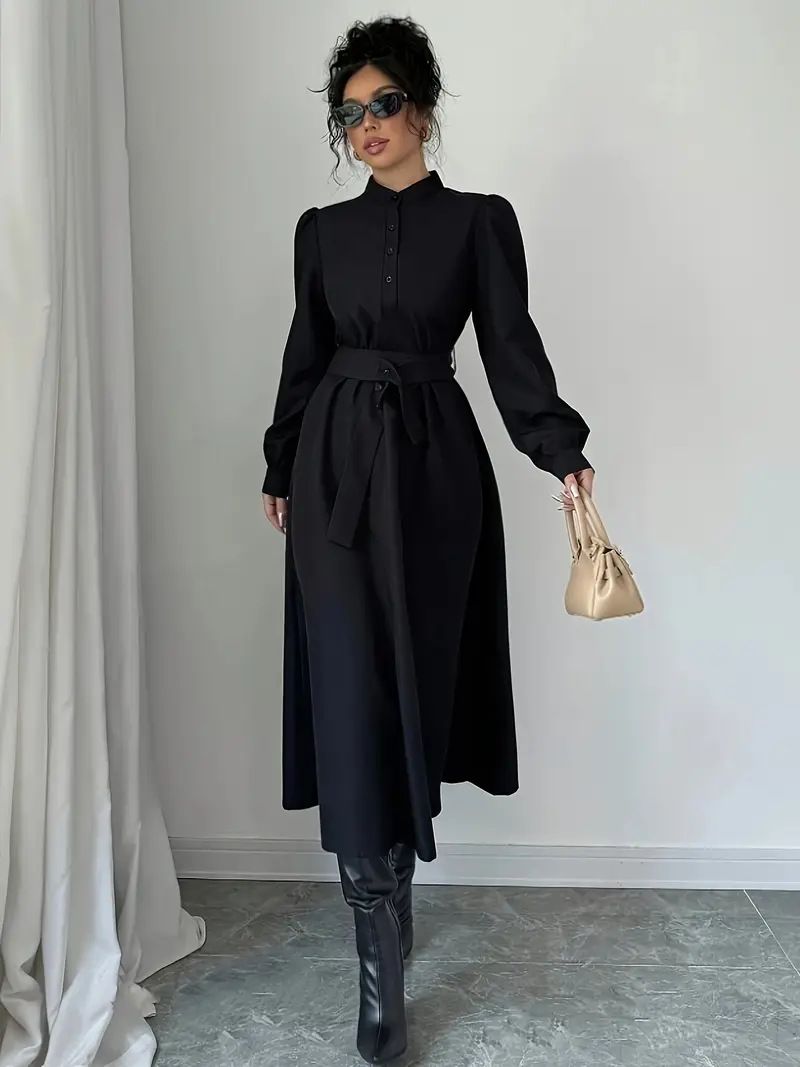 Women's Clothing Elegant Stand Collar A Line Skirt Waist Slimming Button Solid Color Long Sleeve Shirt Dress_voghion.com