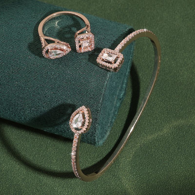 Bijuterii pentru damă, cu capăt deschis, în formă de lacrimă, cu diamante, cu zircon, brățară, inel, set de două piese, cu diamant pătrat de calitate superioară, bijuterii reglabile, bijuterii de mână_voghion.com