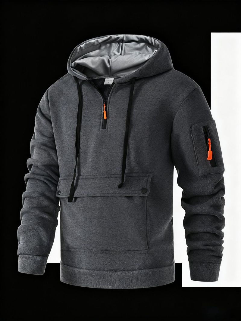 Men’s Fleece-Lined Zip Hoodie – Heavyweight Multi-Pocket Pullover (Black/Navy/Gray, S-XXXL, Polyester, Streetwear)_voghion.com