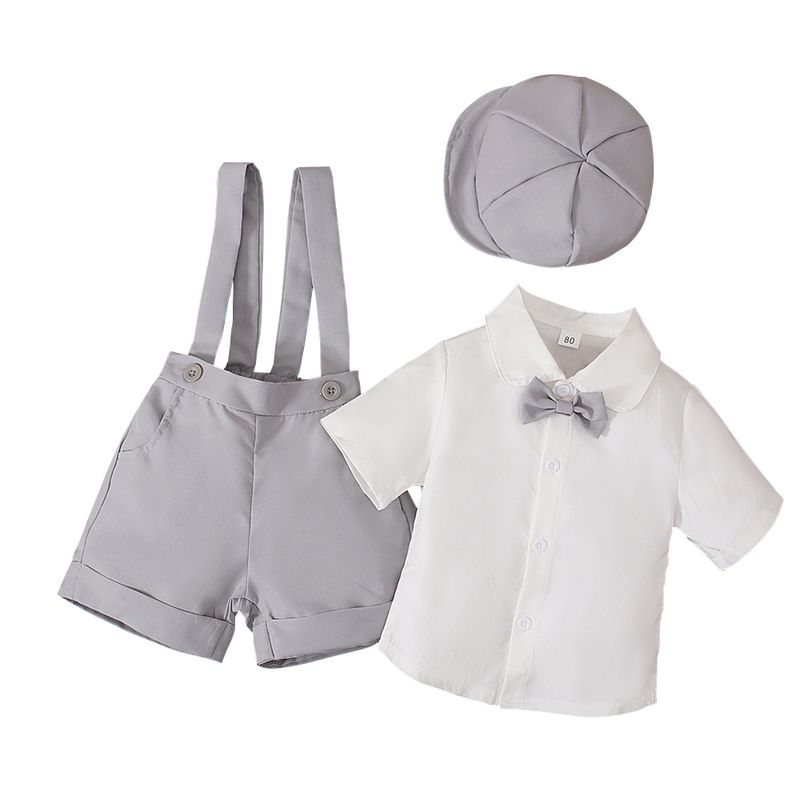 Mother & Kids Boys summer gentleman suit short-sleeved shirt bow tie collar + suspender shorts + hat three-piece children's clothing ins_voghion.com