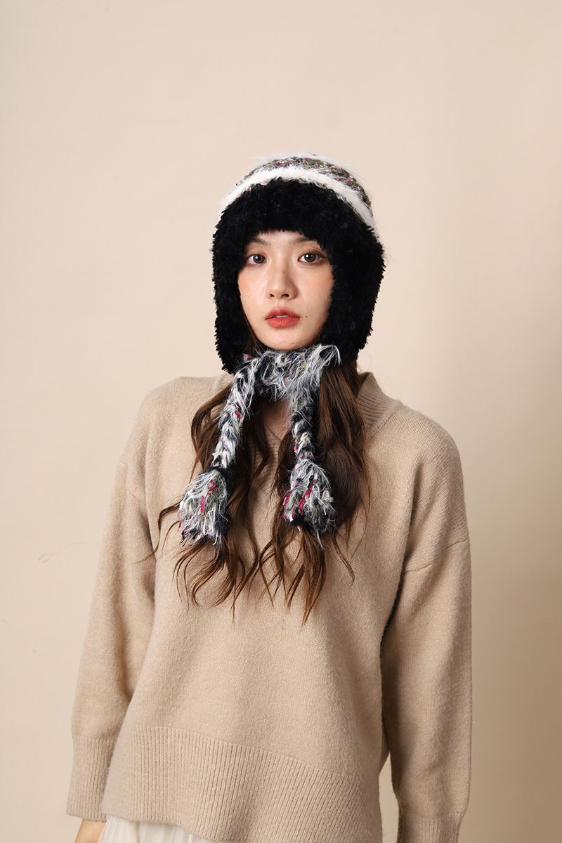 Cappello di lana lavorato a maglia con lacci colorati per donna, autunno inverno, nuovo, caldo, protezione per le orecchie a righe colorate e fascia per capelli_voghion.com