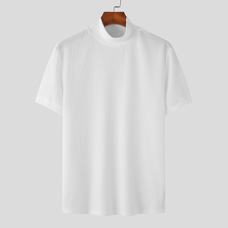 2023 sommer Neue Casual Einfache Gestrickte Unten Hemd für männer Hohe Kragen Wasser Welle Einfarbig T-shirt_voghion.com