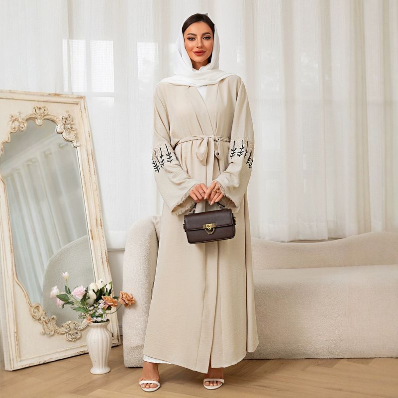 Verve besticktes muslimisches langes Kleid mit Gürtel, modische, elegante Strickjacke, Abaya-Robe_voghion.com
