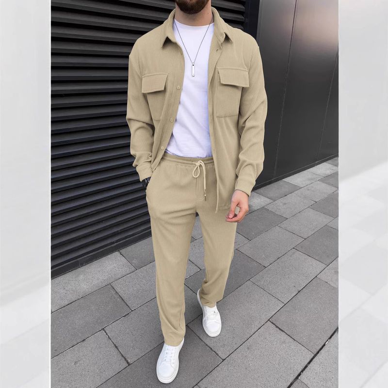Herrenbekleidung Border Spring New European and American Herren Cord Langarm Revers Hemd Hose Täglich Casual Anzug_voghion.com