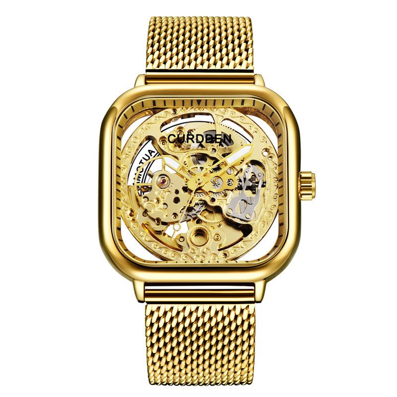 Men's Stainless Steel Automatic Mechanical Watch With Square Dial And Skeleton Design, Business Style, Water Resistant_voghion.com