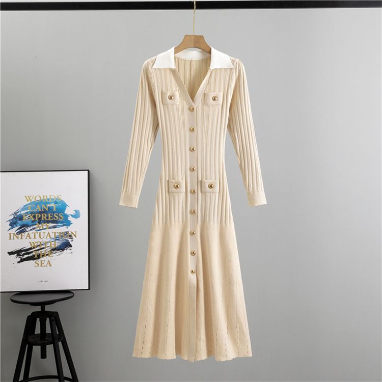 Damenbekleidung, sanfter Stil, einzigartiges Design, V-Ausschnitt, Strickkleid aus Kernspinngarn, schmaler A-Linien-Rock in mittlerer Länge, Trend_voghion.com