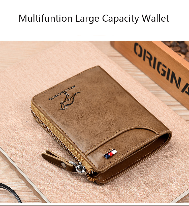 Kangaroo Wallet Men's RFID Blocking PU Leather Wallet with Zipper Multi Business Credit Card Holder Purse High Quality_voghion.com