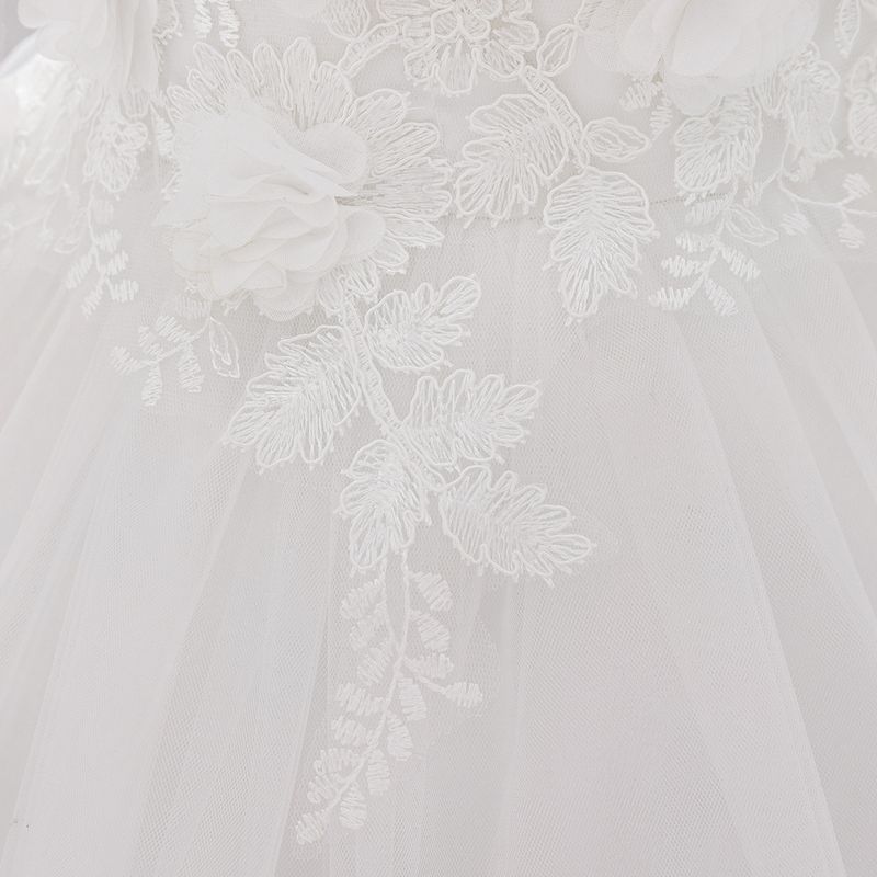 Boho Chic Christening Dress (70-110cm/6M-3Y) | Asymmetric Straps Tulle Gown With Lace Trim | Unique Straps Design For Baptism & 1st Birthday_voghion.com