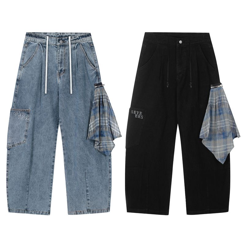 Men's Clothing Large Pockets, Retro Zipper Design, Square Towel Washed Jeans, Men's And Women's Straight Loose Casual Sickle Wide Leg_voghion.com