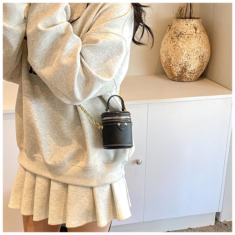 Borsa a secchiello da donna, mini borsa a secchiello rotonda con contrasto di colore, stile per famiglie, da portare a mano, piccola borsa a tracolla color rossetto, da donna_voghion.com
