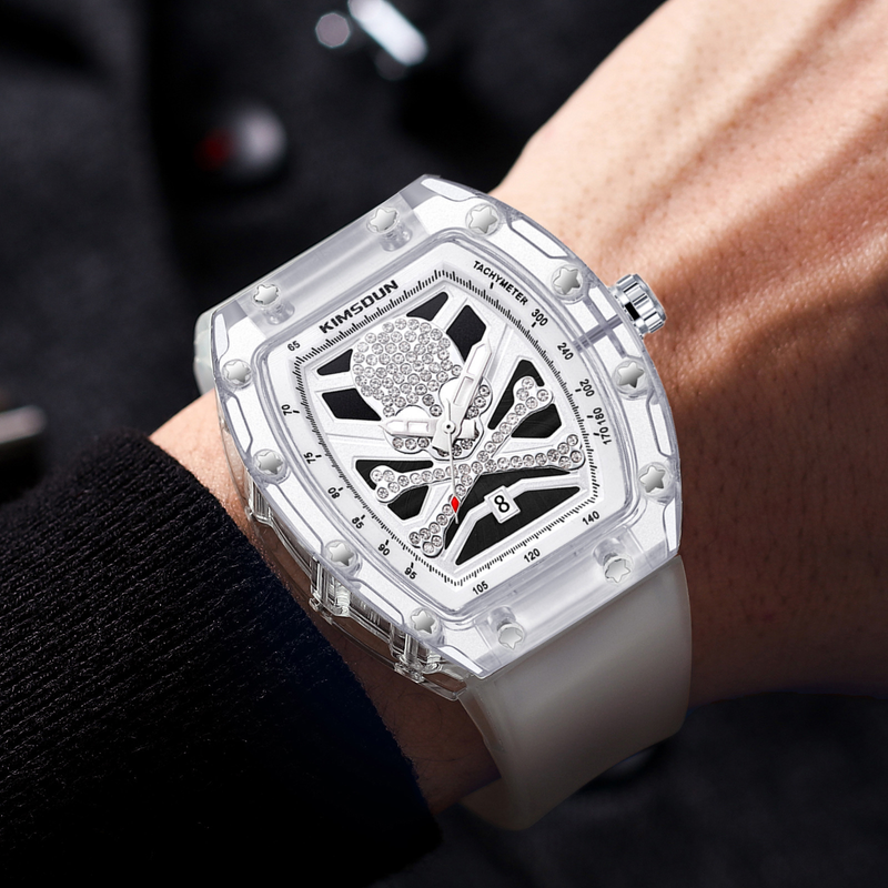Kingston Brand Live Nieuw tonvormig schedelgezicht Transparante kast Siliconen band Mode Quartz Horloge_voghion.com
