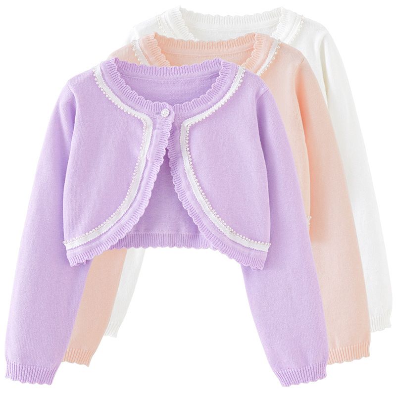 Cardigan en tricot de coton pour fille – Veste d'été légère avec bordure perlée (90-160 cm, blanc/rose/violet, sécurité classe B)_voghion.com