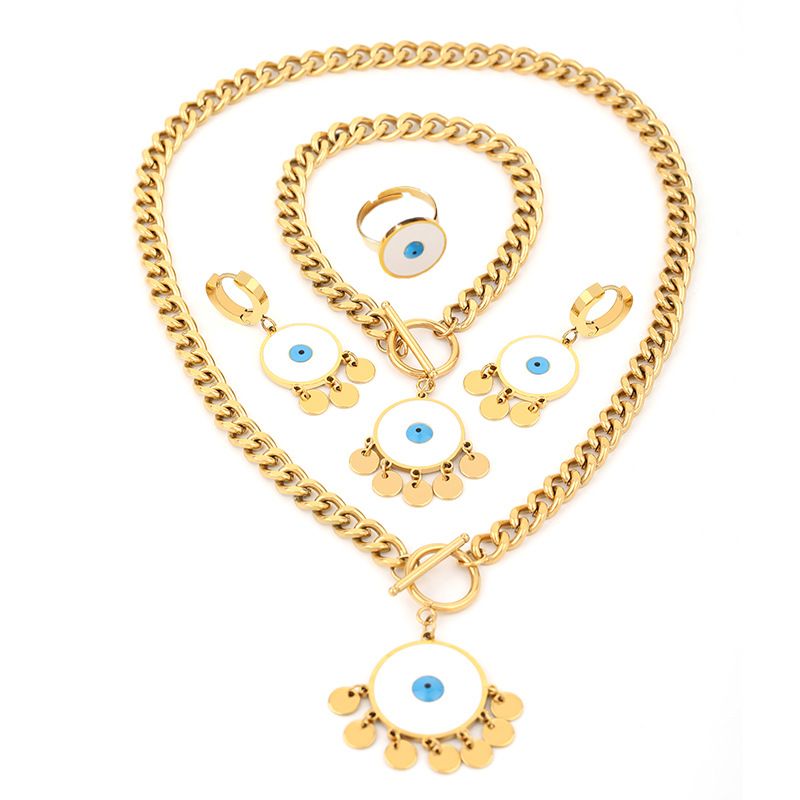Gute New Titanium Steel - Orecchini con nappa e occhio del diavolo in oro, collana e bracciale, set di gioielli resistenti alla luce per donna_voghion.com