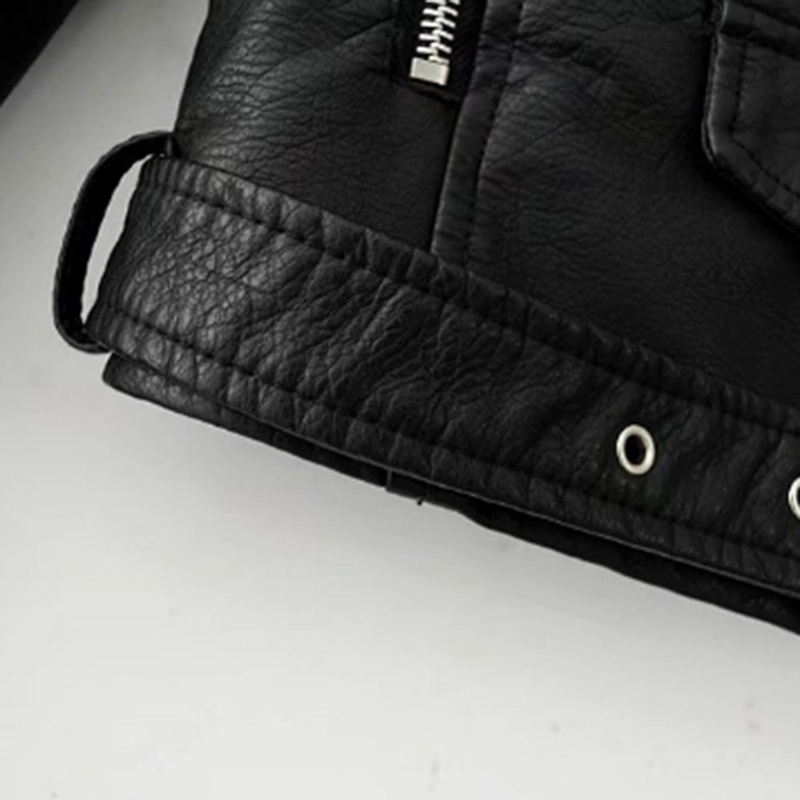 Lady Leather Long Sleeve Lapel Zipper Button Pocket Motorcycle Jacket Short Coat_voghion.com