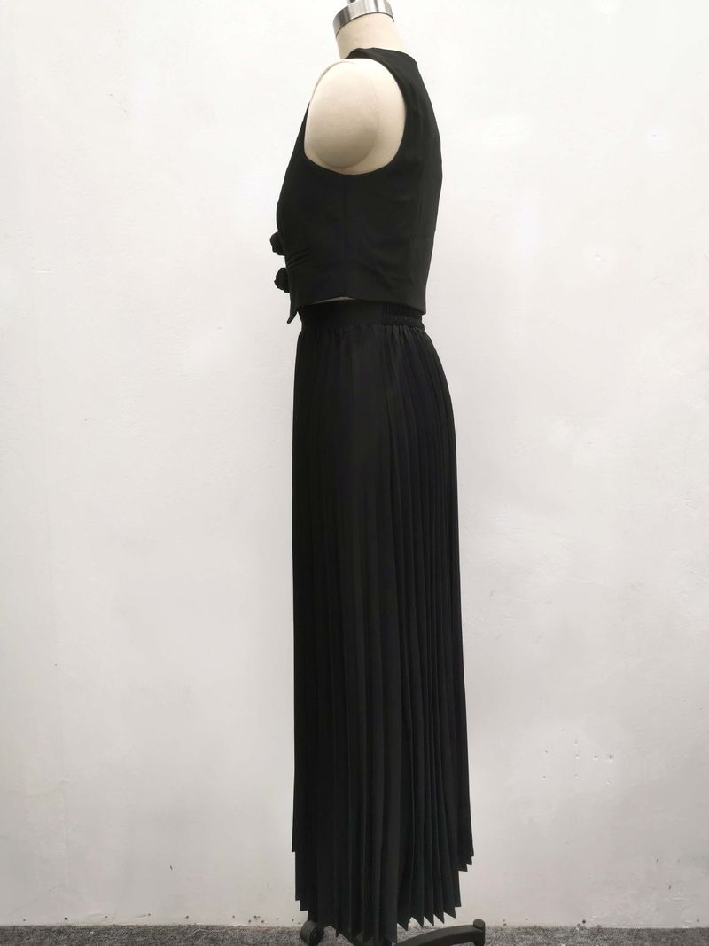 Damenbekleidung, neue Anzüge für Damen, Sommer, ärmellose Weste, halblanger, plissierter langer Rock, zweiteiliger Anzug_voghion.com