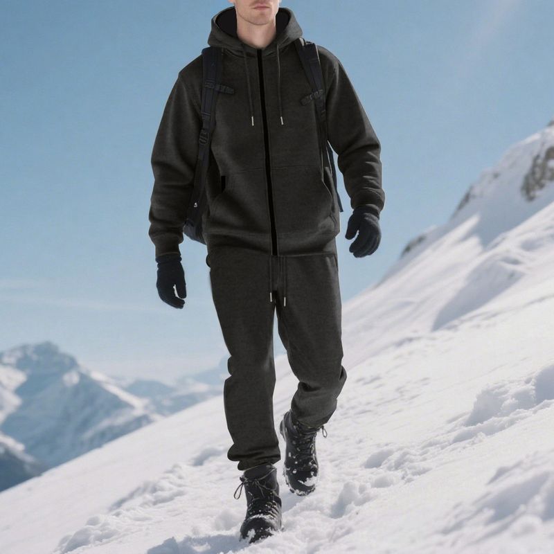 Herren-Set aus Fleecejacke mit Kapuze und Reißverschluss und Jogginghose – warmer Pullover-Trainingsanzug für den Winter für Freizeit und Sport (Schwarz, Dunkelgrau, Khaki, Armeegrün)_voghion.com