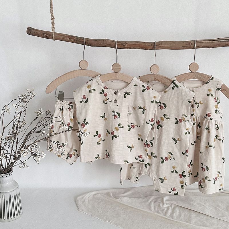 Ins Nordic Style Children's Suit Summer Cotton Children's Sleeveless Vest Fruit Floral Suit Baby Two Piece Suit_voghion.com