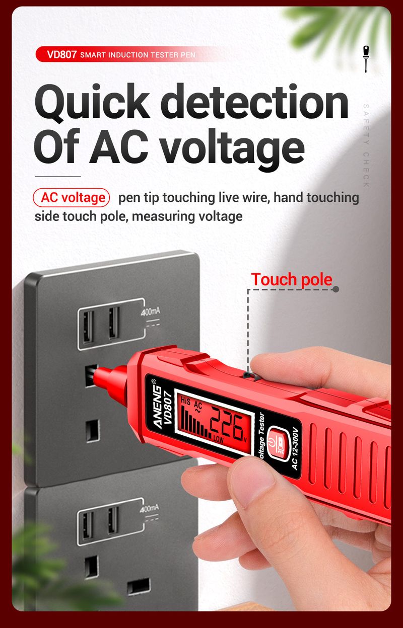 ANENG VD807 Smart Induction Tester Pen AC 12-300V Voltage Tester NCV Sensor Wire Detector 50/60Hz Professional Electrician Tool_voghion.com