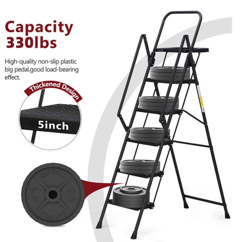 5-step Ladder, Foldable Step Stool With Tool Tray And Wide Non Slip Pedals, Sturdy Steel Ladder, Convenient Handrails, Lightweight Portable Steel Step Stool_voghion.com