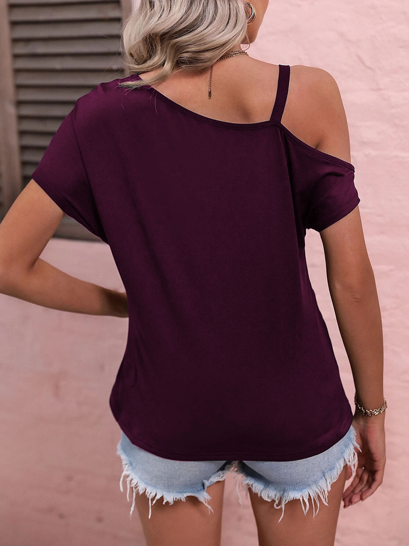 Women's clothing summer new temperament one-shoulder button short-sleeved T-shirt top_voghion.com