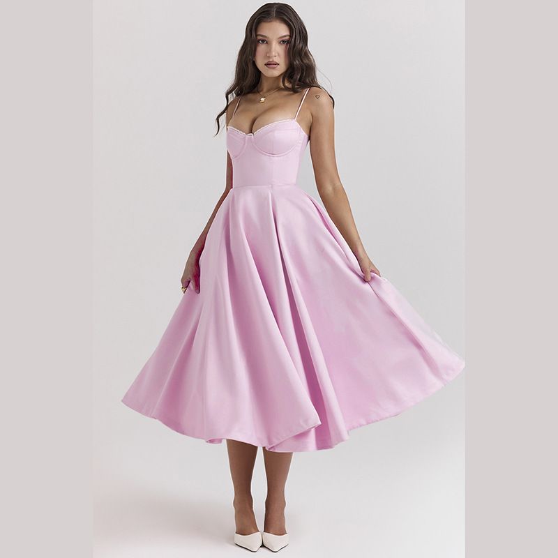 Elegantes V-Ausschnitt-Korsett-Midikleid mit Bügeln und A-Linien-Silhouette – Schlankmachendes Sommer-Basic für Damen_voghion.com