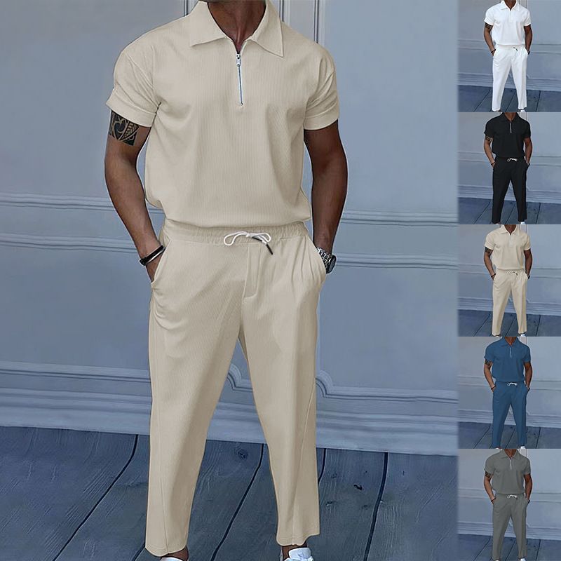 Terno masculino de manga curta, slim, veludo cotelê, duas peças, casual_voghion.com