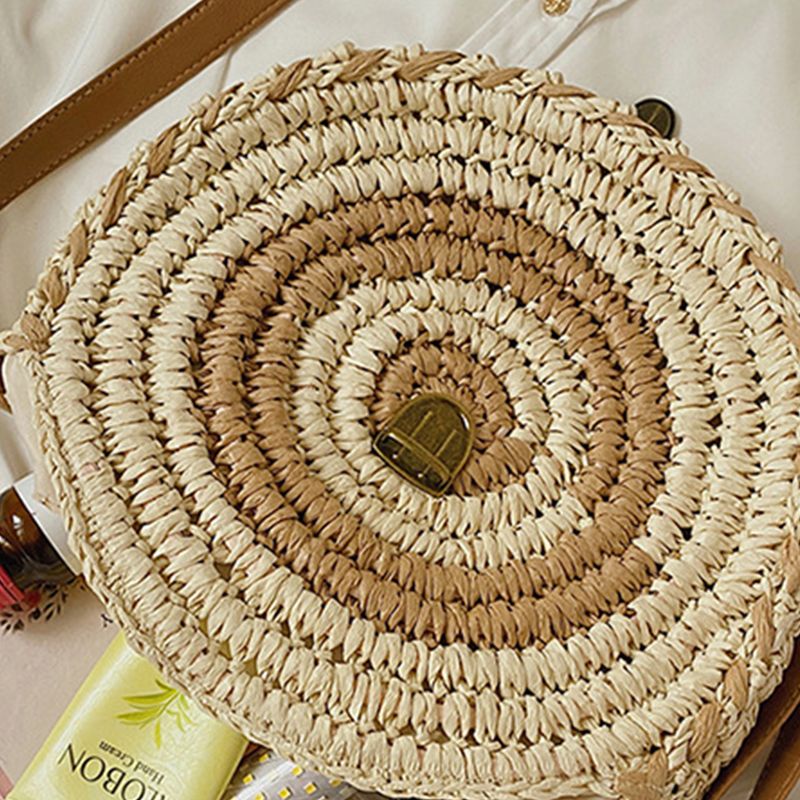 Runde Stroh Strandtasche Vintage handgefertigt gewebt Schultertaschen Bast Kreis Rattan Bohemian Sommer Urlaub Diagonal Pack_voghion.com